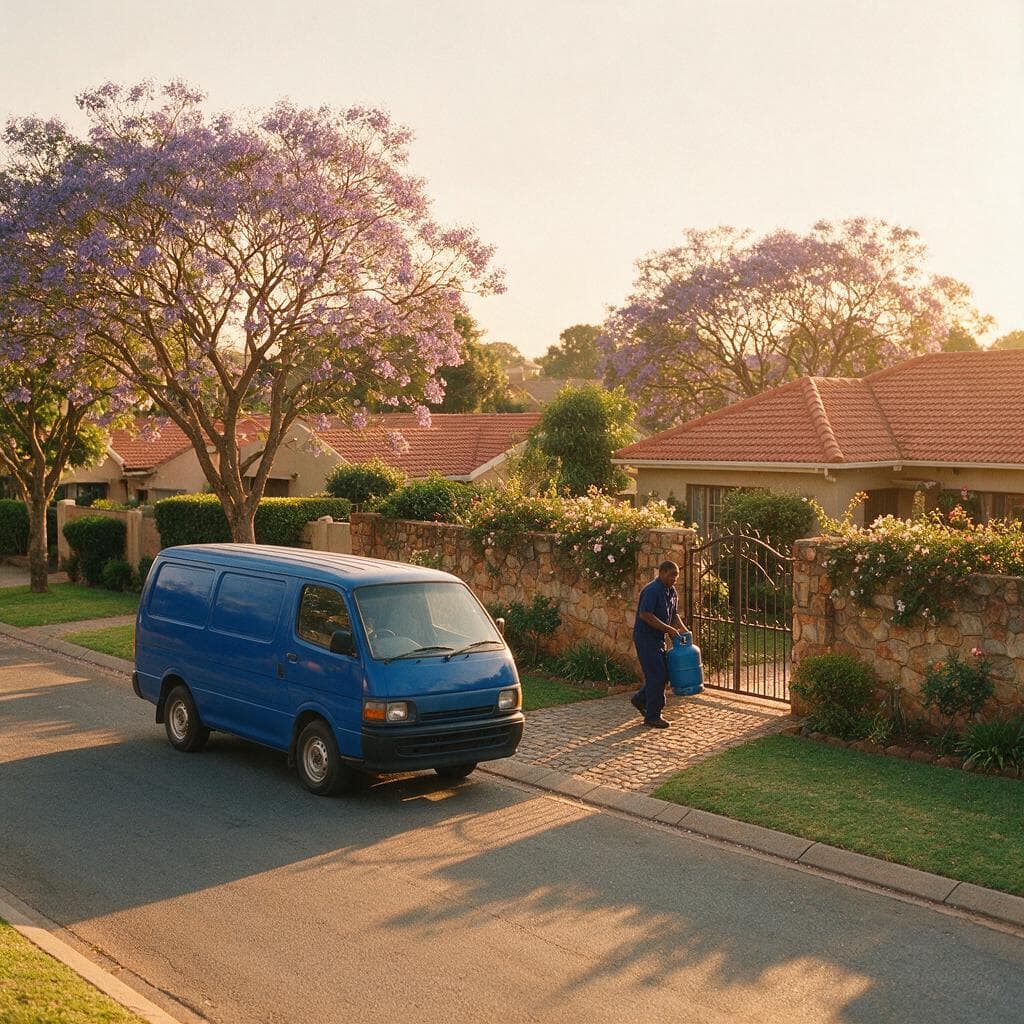 A Gasability delivery van under jacaranda trees at golden hour
