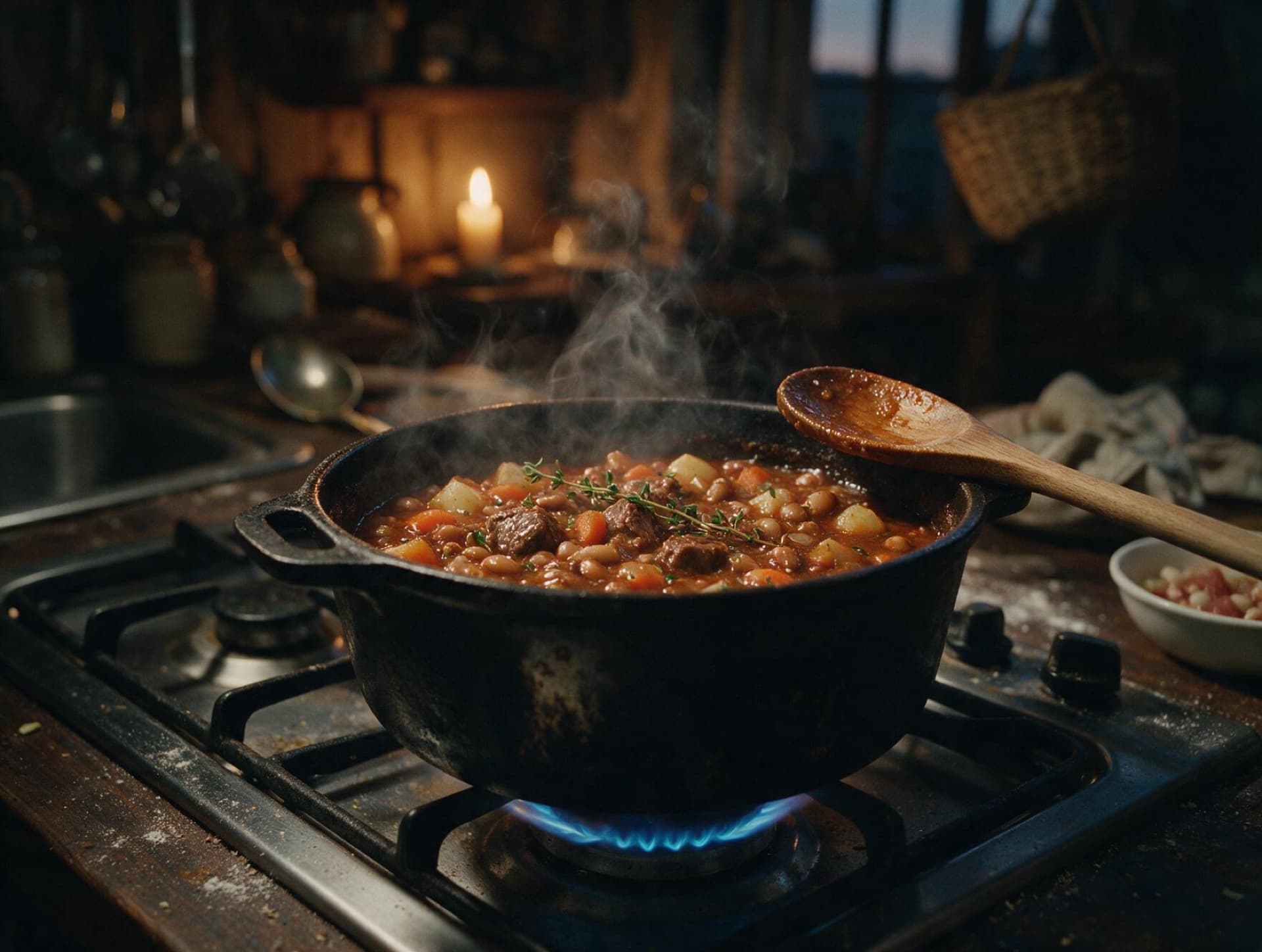 A potjie simmering over a blue gas flame in a candlelit kitchen at dusk
